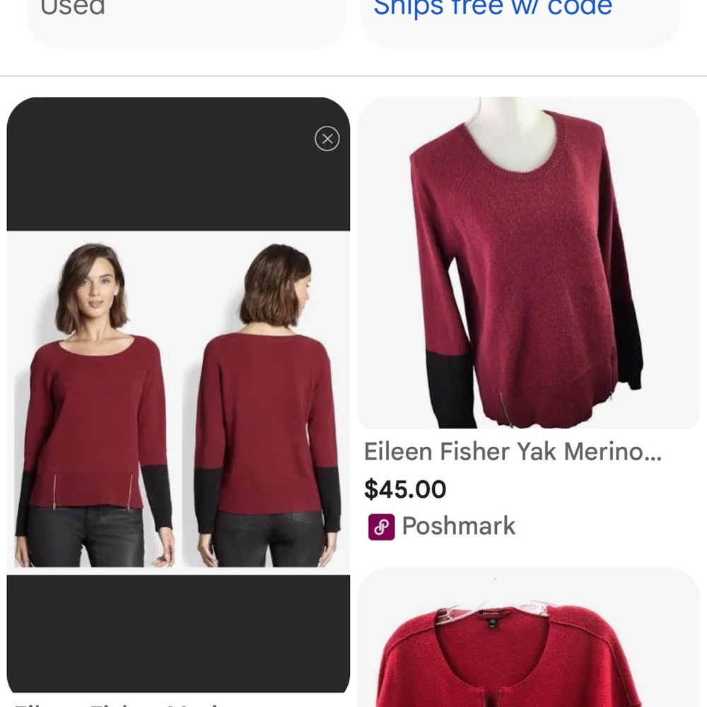 Eileen Fisher Burgandy and Black Scoop Neck Sweater with Zipper Details.